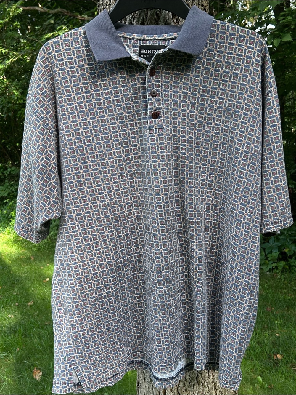 ❌SOLD❌Vintage 90s Horizon Menswear Geometric Tile Pattern Polo Shirt